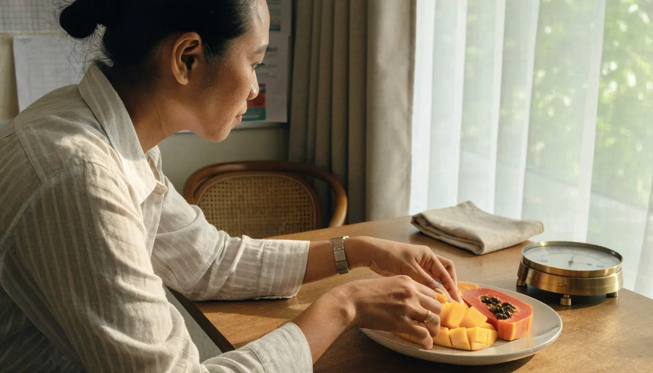 A nutritionist writing beside a plate of cut fruit on a worktop in a bright consulting room