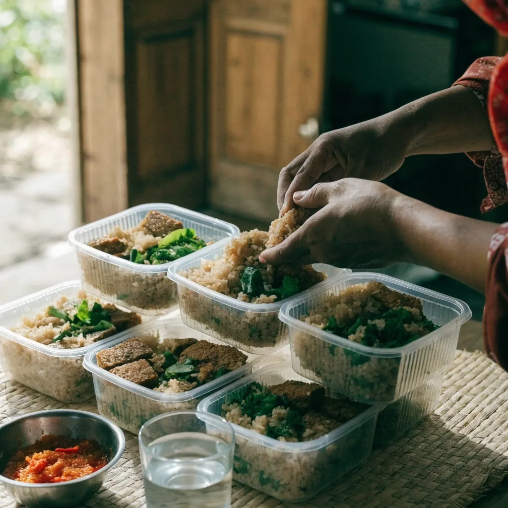 A person portioning cooked rice and vegetables into stacked lunch containers on a home kitchen counter