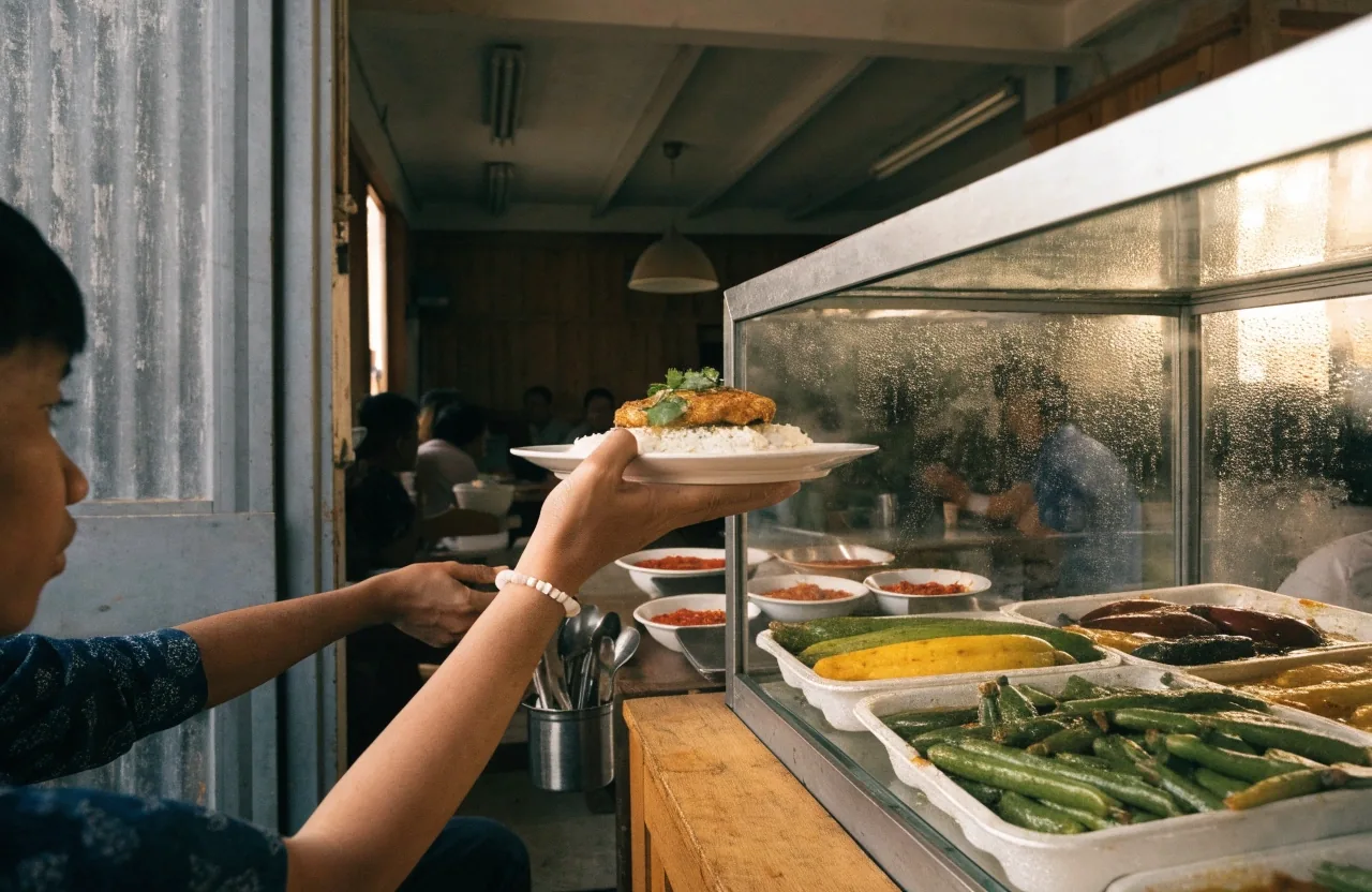 A warung counter with cooked vegetable dishes, rice and tempeh being served at lunchtime