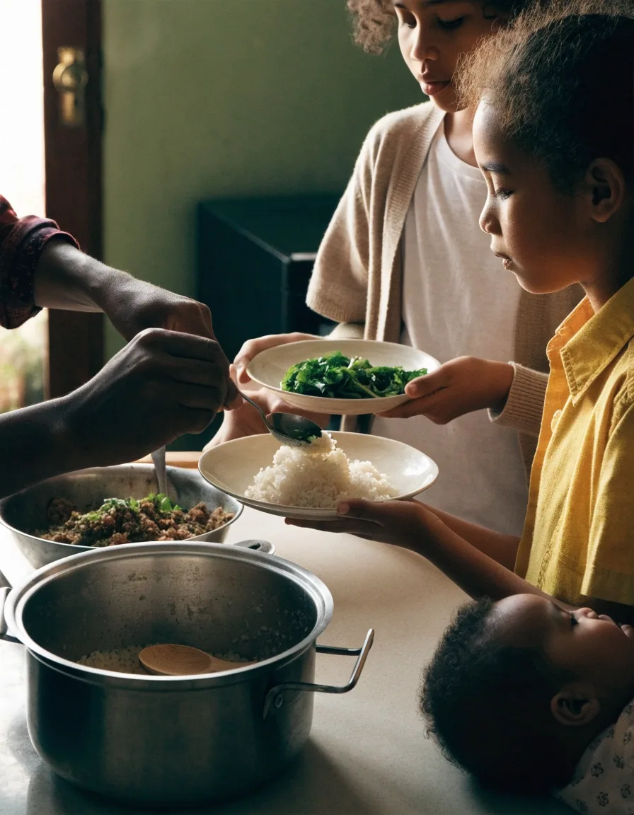 Hands passing shallow plates of rice, greens and grilled fish across a shared family table