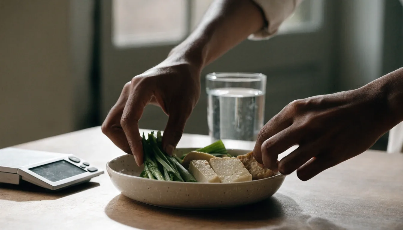 A matte consultation table seen from above with a shallow dish, folded cloth, blank notebook and a small scale in even daylight
