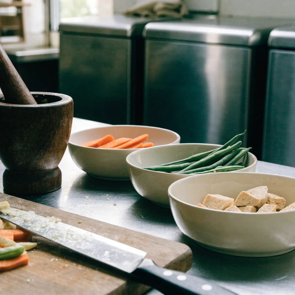 Bright prep counter with shallow bowls of cut vegetables, a mortar and pestle and a knife on a wooden board