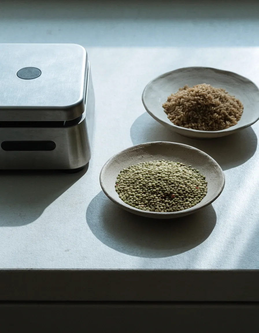 Matte kitchen scale beside two shallow ceramic dishes of lentils and rice in cool daylight