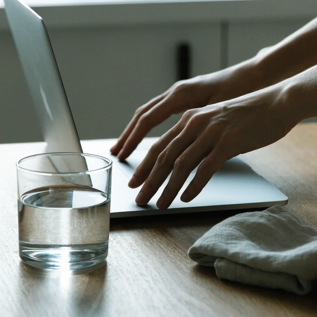 Person's hands at a kitchen table with a laptop angled away so the screen is not legible, beside a glass of water
