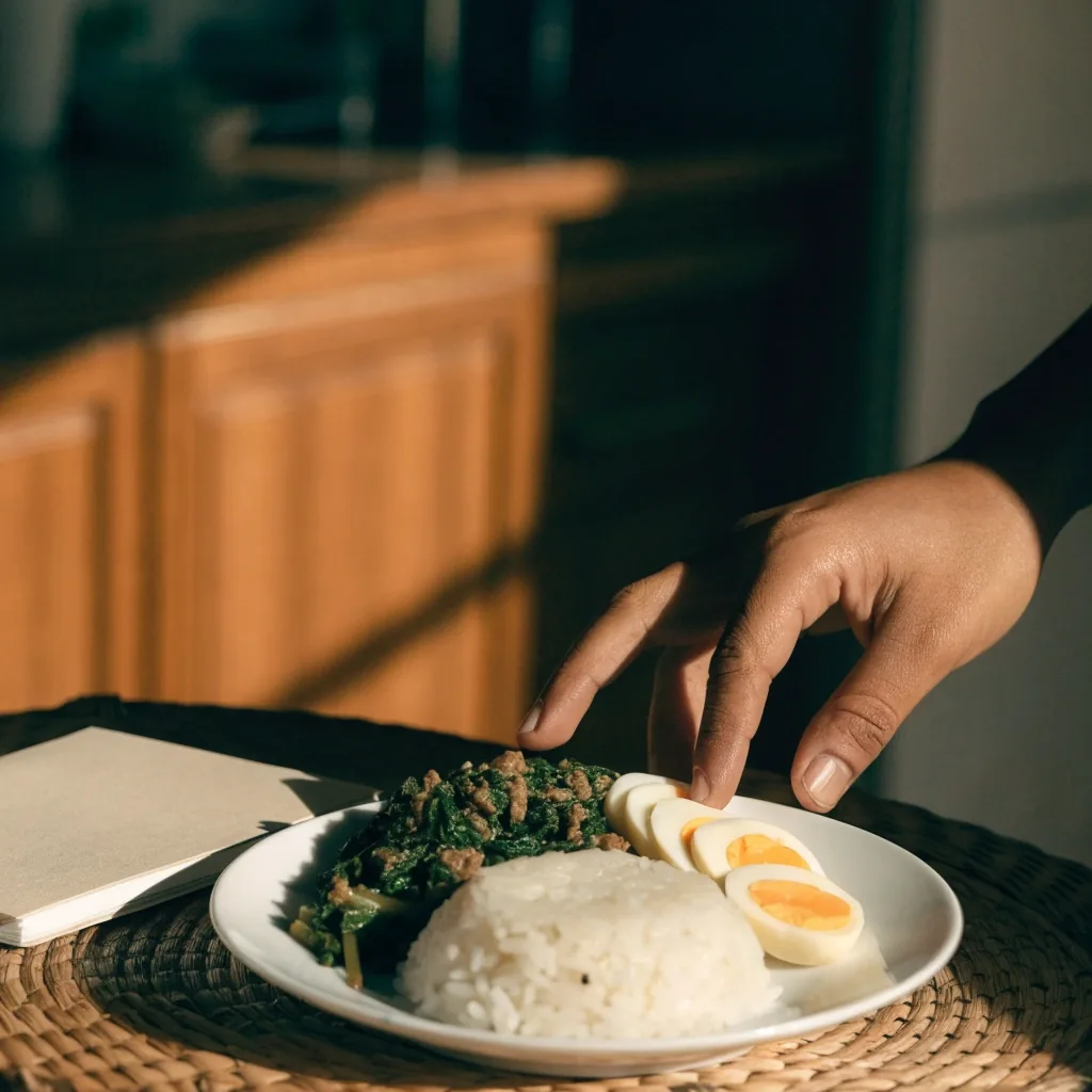 Notepad and a prepared portion of rice and greens on a kitchen counter