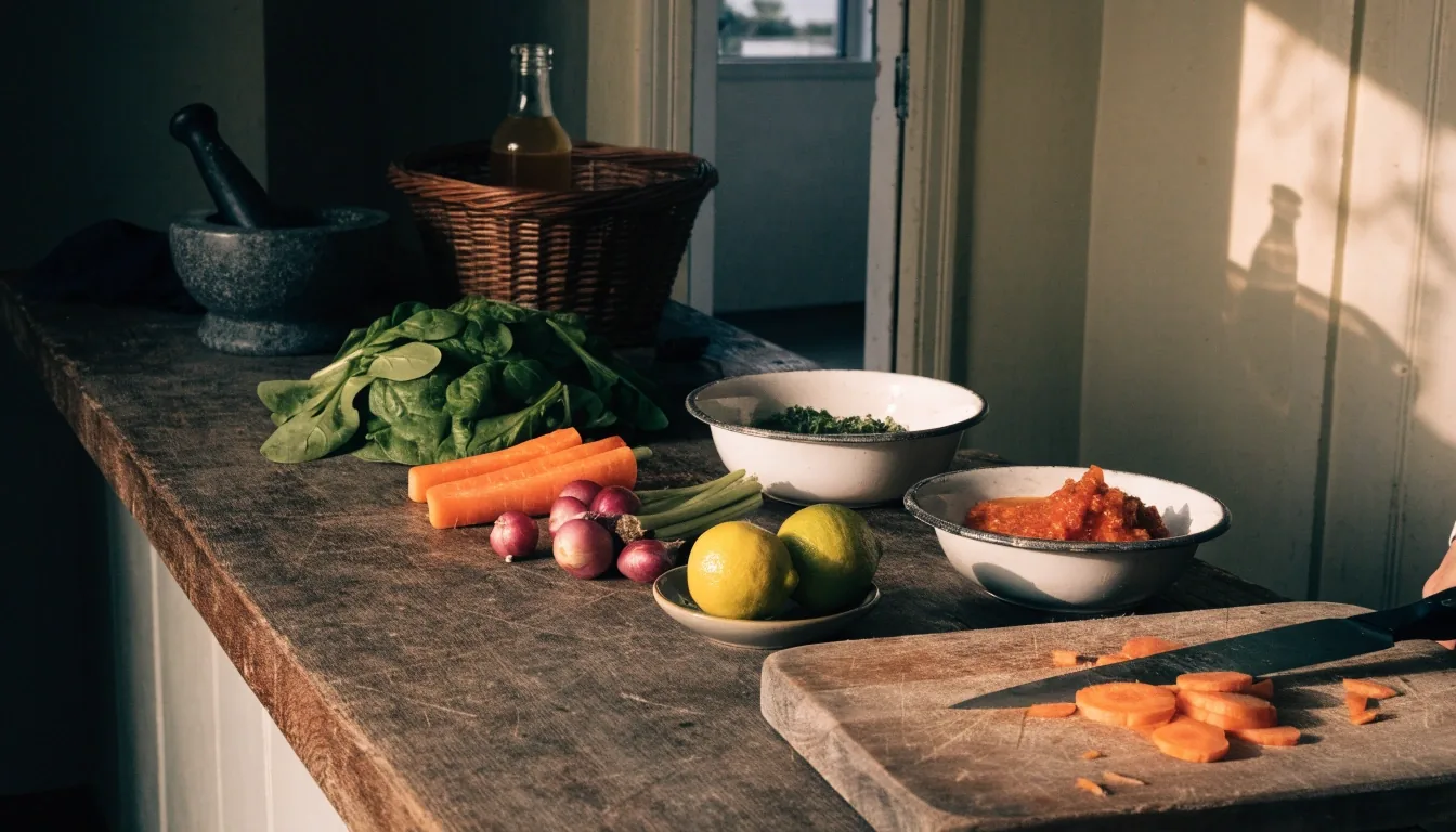 An Indonesian preparation bench at midday with fresh vegetables, a stone mortar, and shallow bowls