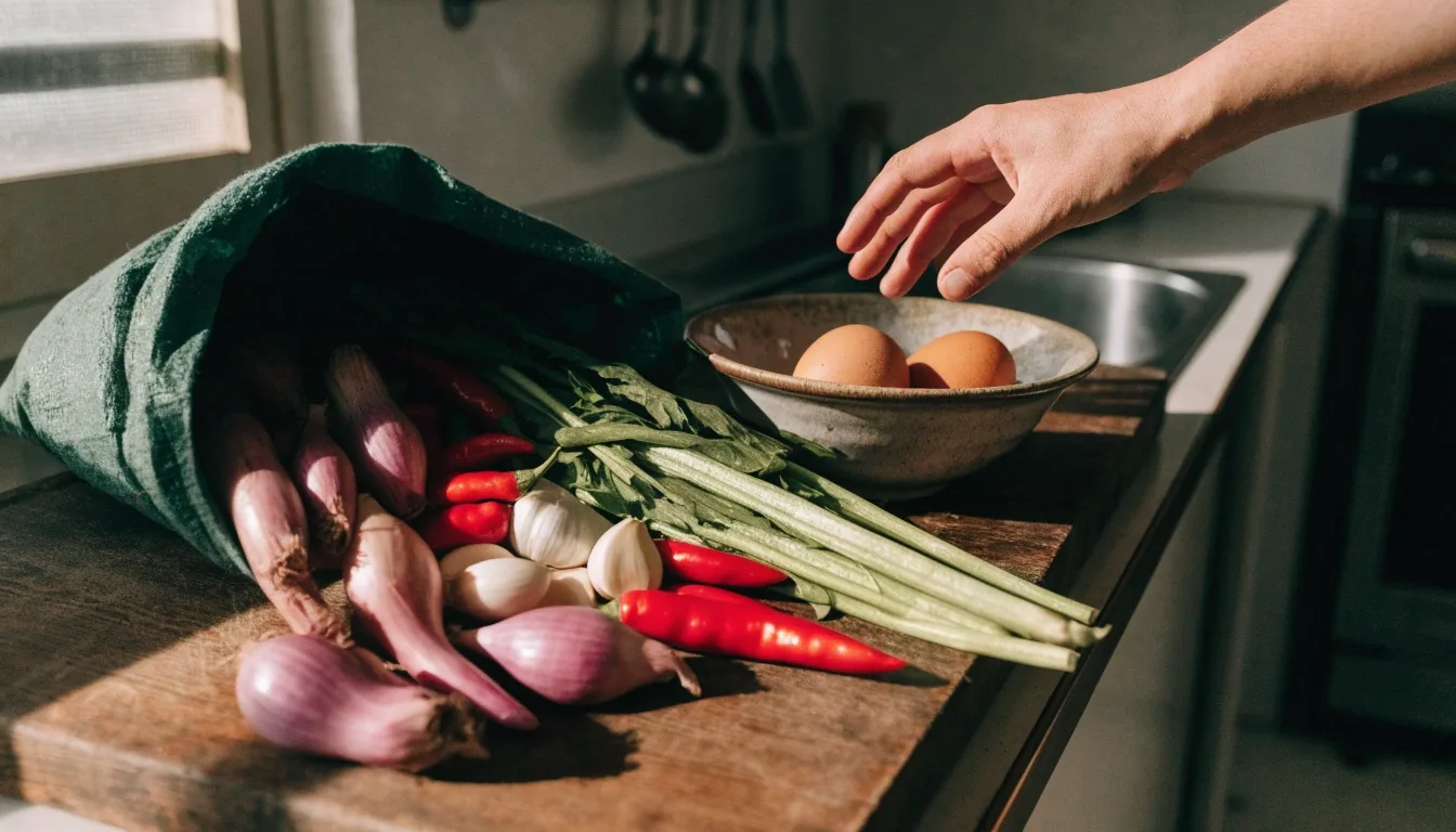 A market basket of shallots, garlic, chilies, greens and two eggs on a plain table