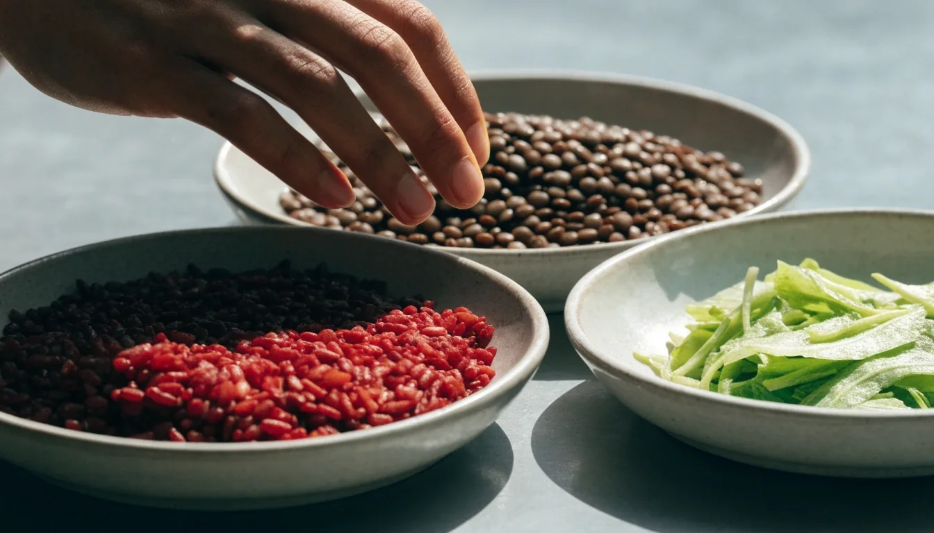 Three shallow dishes of cooked rice, lentils and blanched greens on a cool worktop