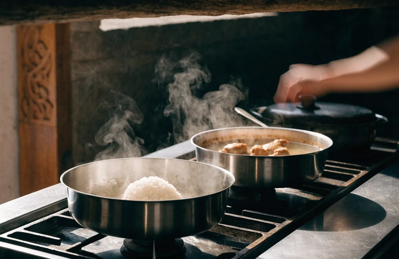Two pans of rice and chicken broth on a stovetop in daylight