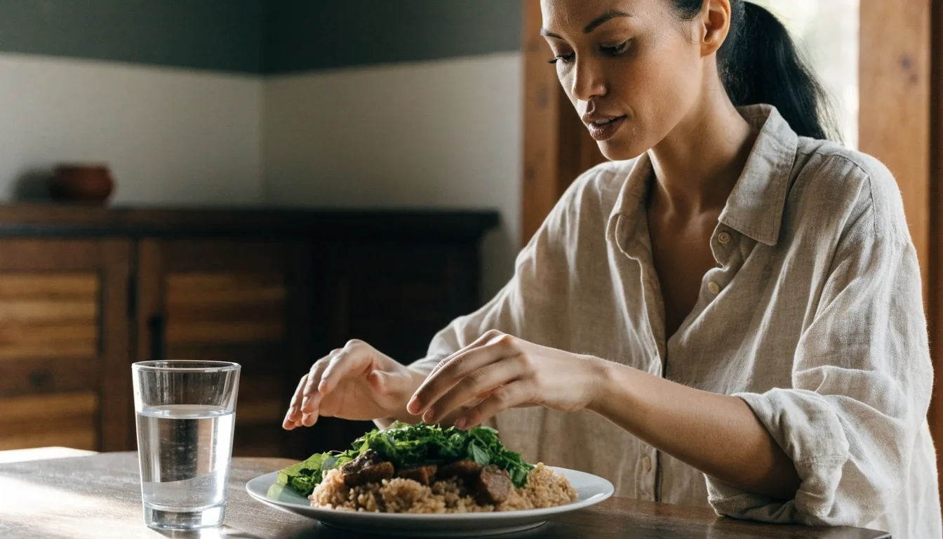 A nutritionist's prep surface in a Bali kitchen, with fresh vegetables, bowls and a mortar laid out for a consultation