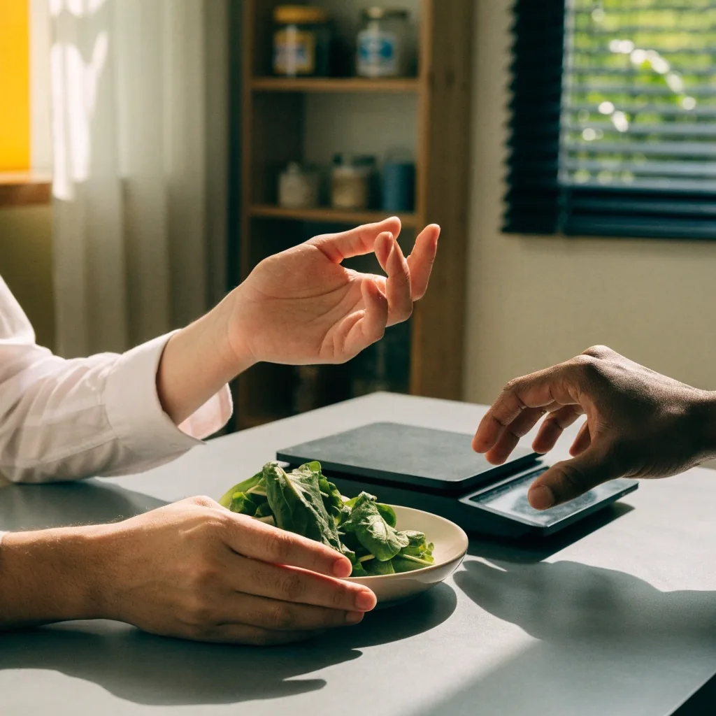 A nutritionist's hands noting a plan beside a dish of greens and a small scale