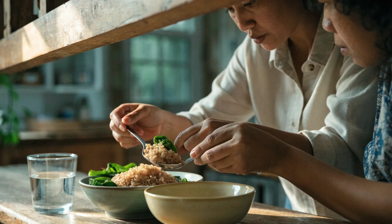 A portion of rice and steamed greens being served from one bowl to another on a kitchen counter